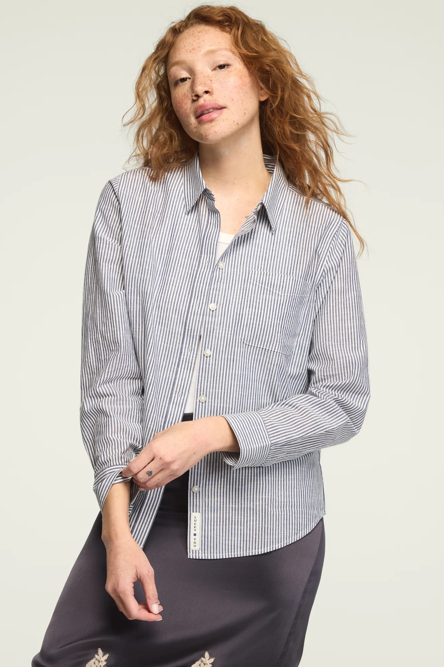 BOYFRIEND BUTTONDOWN SHIRT — NAVY STRIPE — image 1
