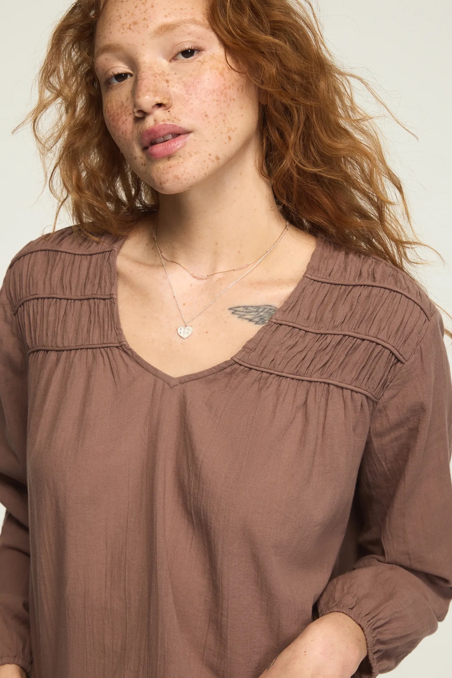 LONG SLEEVE RUCHED PEASANT TOP — DEEP TAUPE — image 4