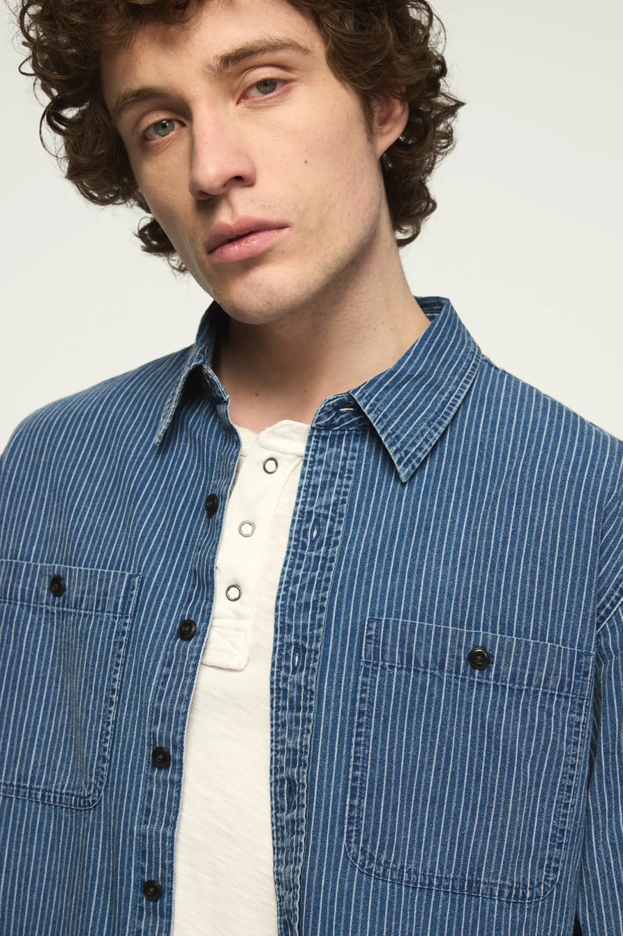 INDIGO NOVELTY LONG SLEEVE MASON SHIRT — INDIGO STRIPE — image 3