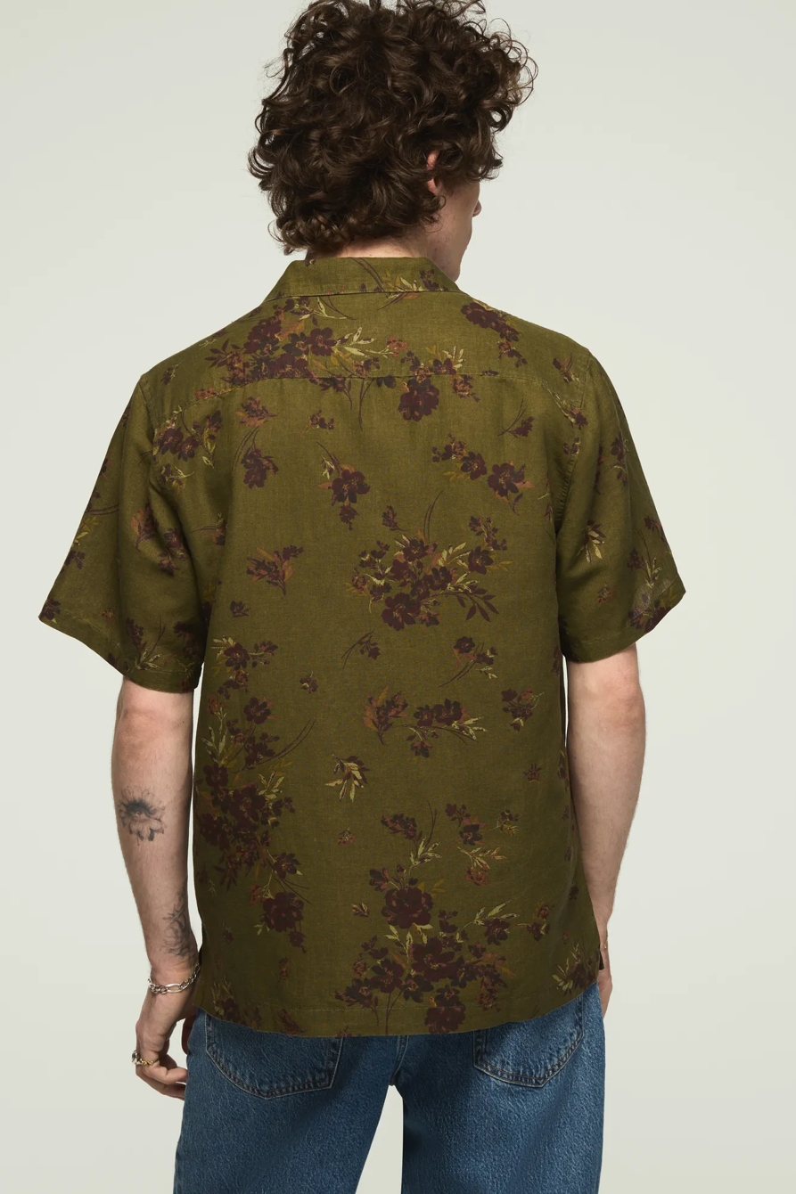 PRINTED SHORT SLEEVE CAMP COLLAR SHIRT — OLIVE PRINT — image 3