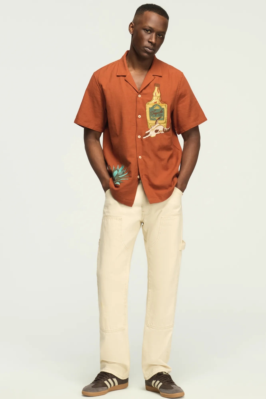 SHORT SLEEVE EMBROIDERED CAMP COLLAR SHIRT — GINGER BREAD — image 5