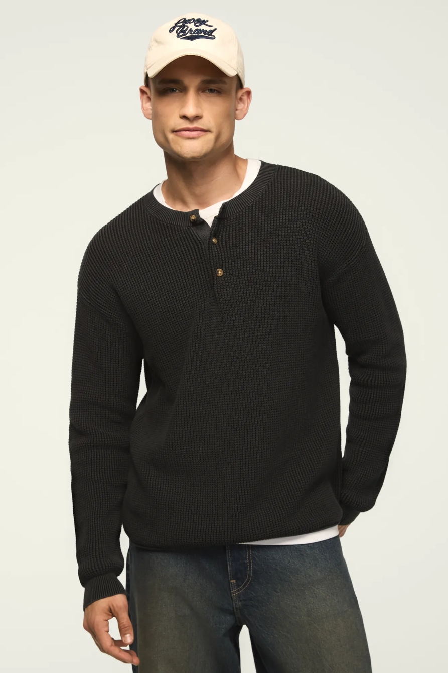 WASHED OTTOMAN HENLEY SWEATER — CAVIAR — image 1