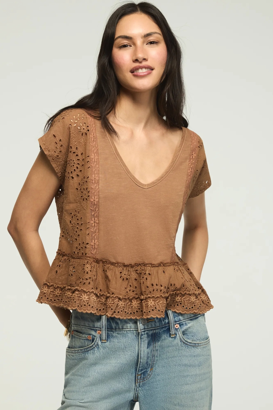 EYELET FASHION SWING TEE — CAFE CREME — image 1