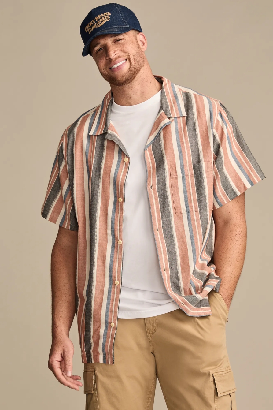 BIG & TALL STRIPED SHORT SLEEVE CAMP COLLAR SHIRT — MULTI STRIPE — image 1
