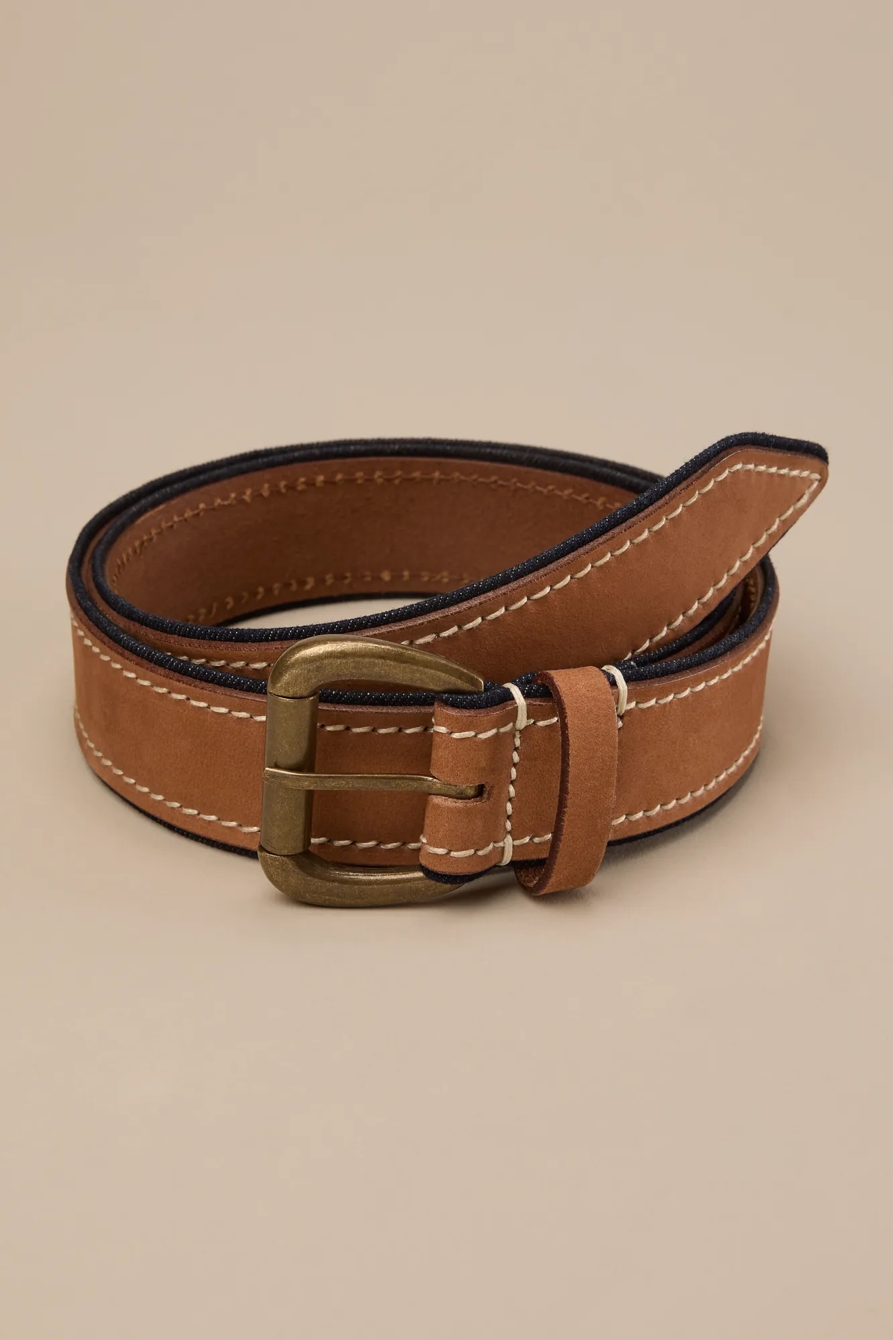 MEN'S LEATHER AND DENIM DETAIL BELT — MEDIUM BROWN — image 1