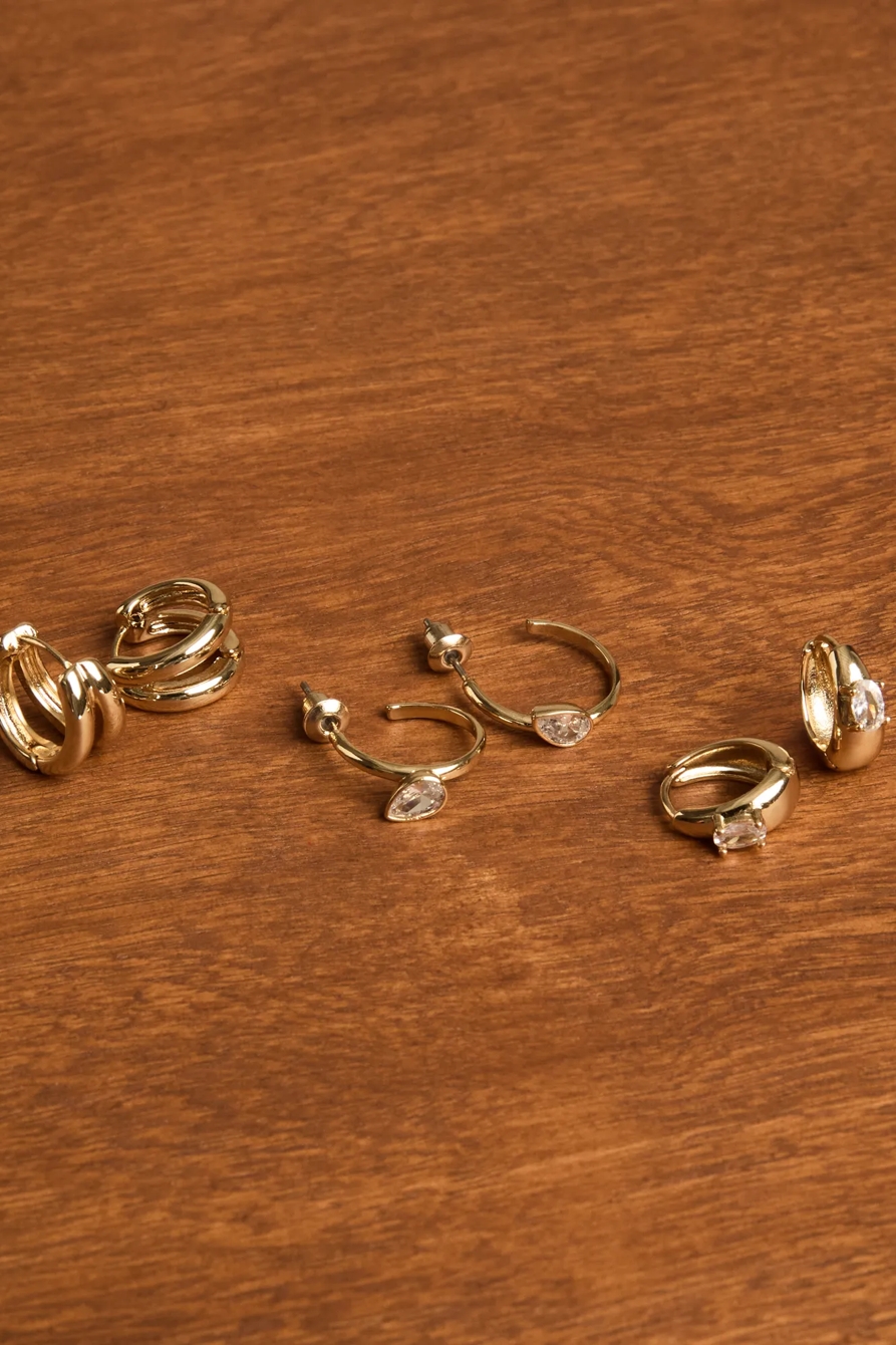 CRYSTAL AND PLAIN HOOP EARRING SET — GOLD — image 1