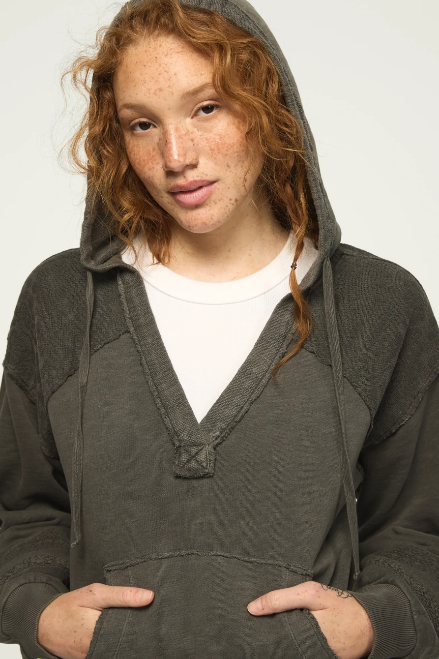 LACE TRIM MIX FLEECE HOODIE — RAVEN — image 1