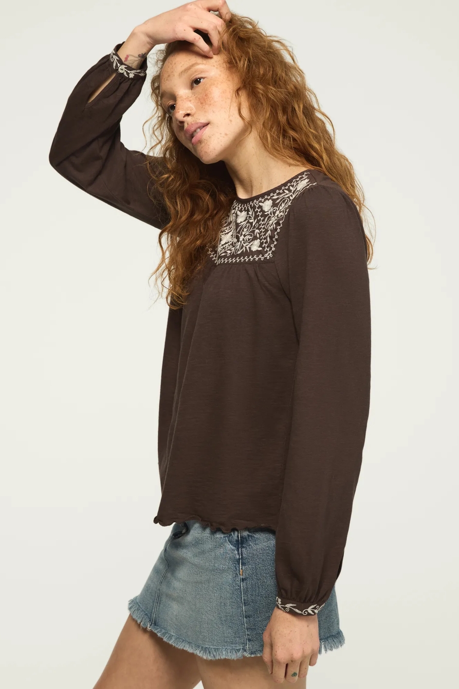EMBROIDERED YOKE PEASANT TOP — RAVEN — image 4