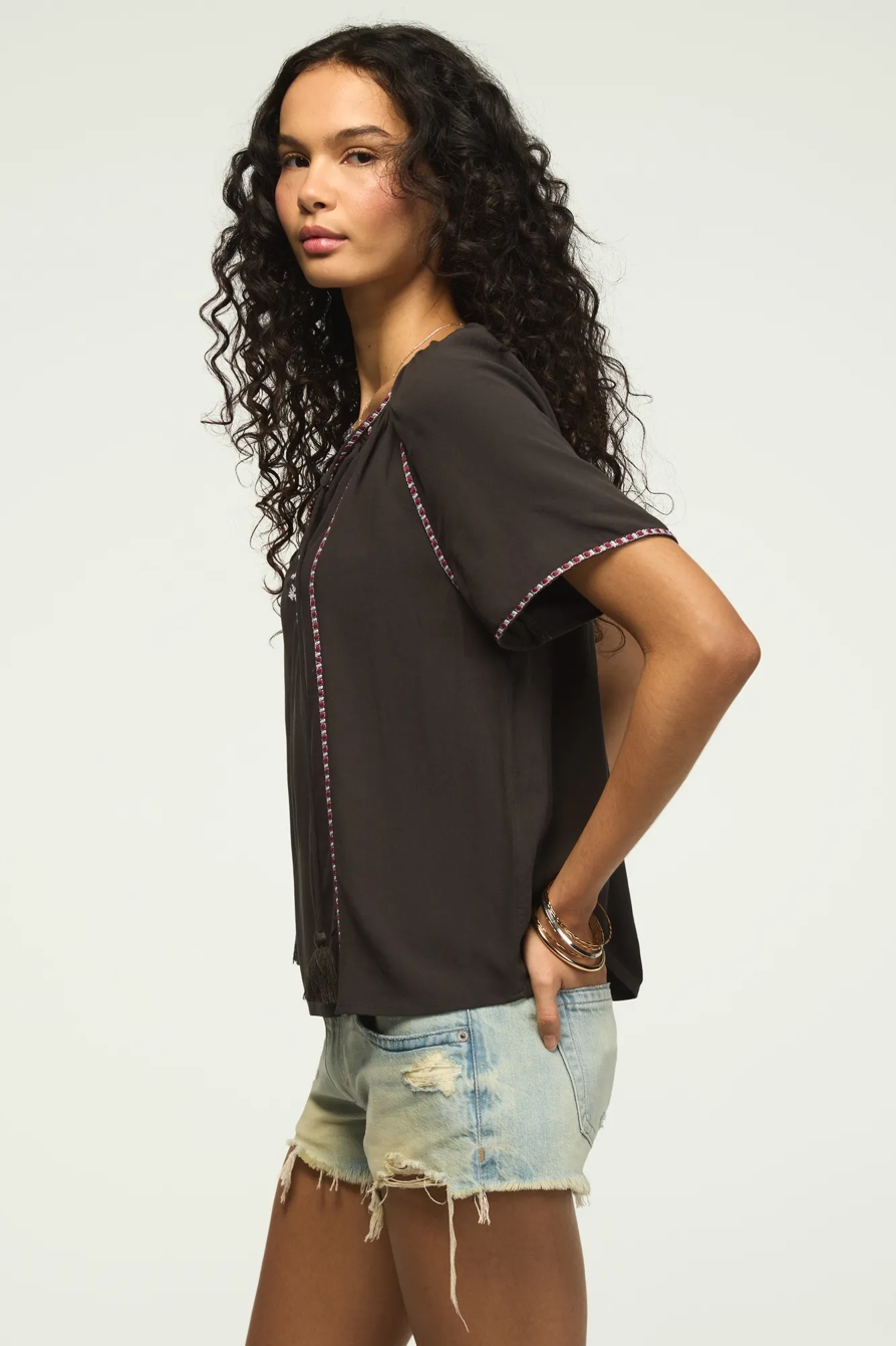 SHORT SLEEVE EMBROIDERED PEASANT — RAVEN — image 4