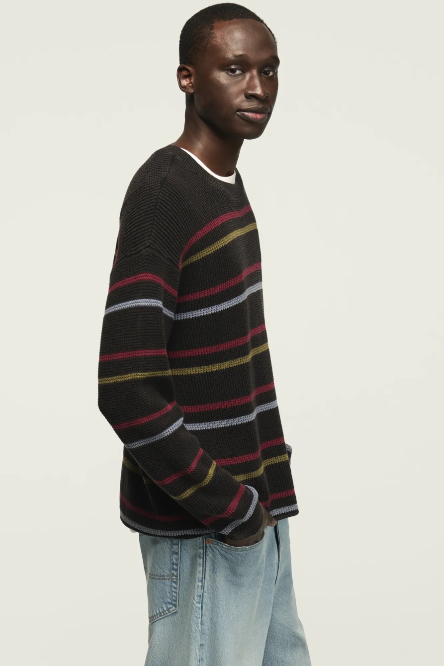 STRIPED WASHED TEXTURED CREW NECK SWEATER — CAVIAR — image 5