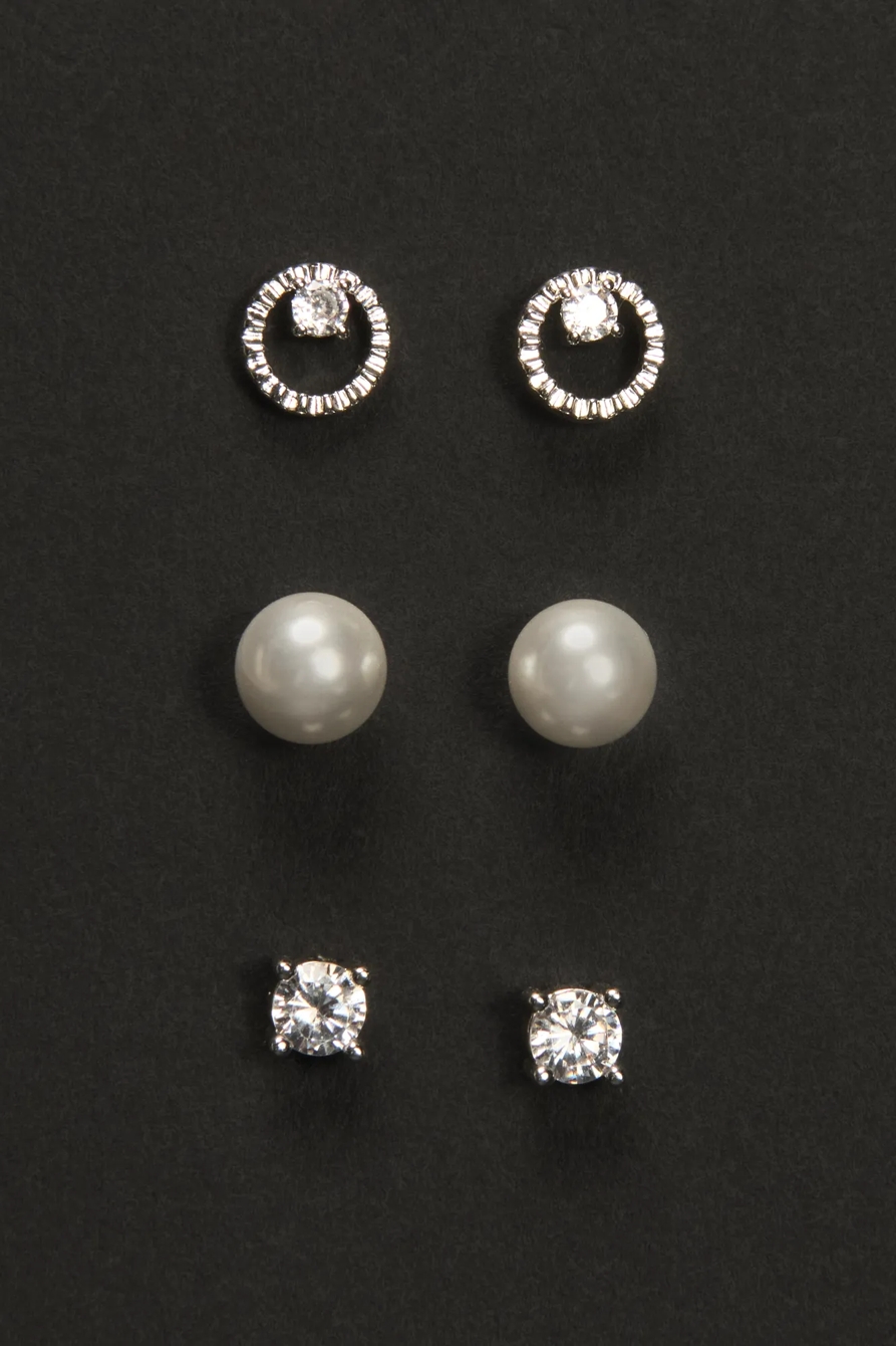 Round Cut Crystal and Pearl Stud Set — SILVER — image 1