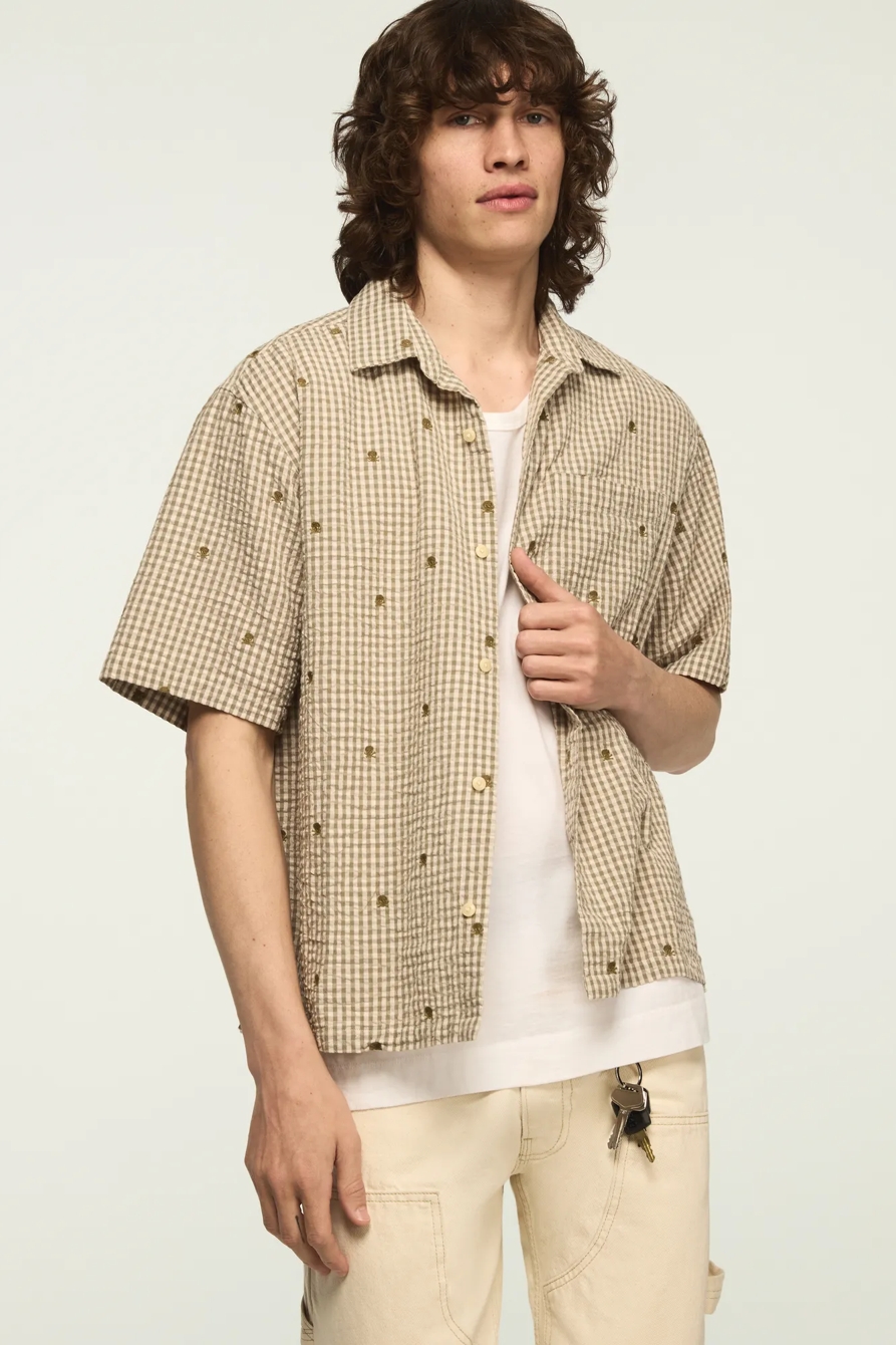 SHORT SLEEVE EMROIDERED PLAID SEERSUCKER KINDA CROPPED SHIRT — GREEN PLAID — image 1
