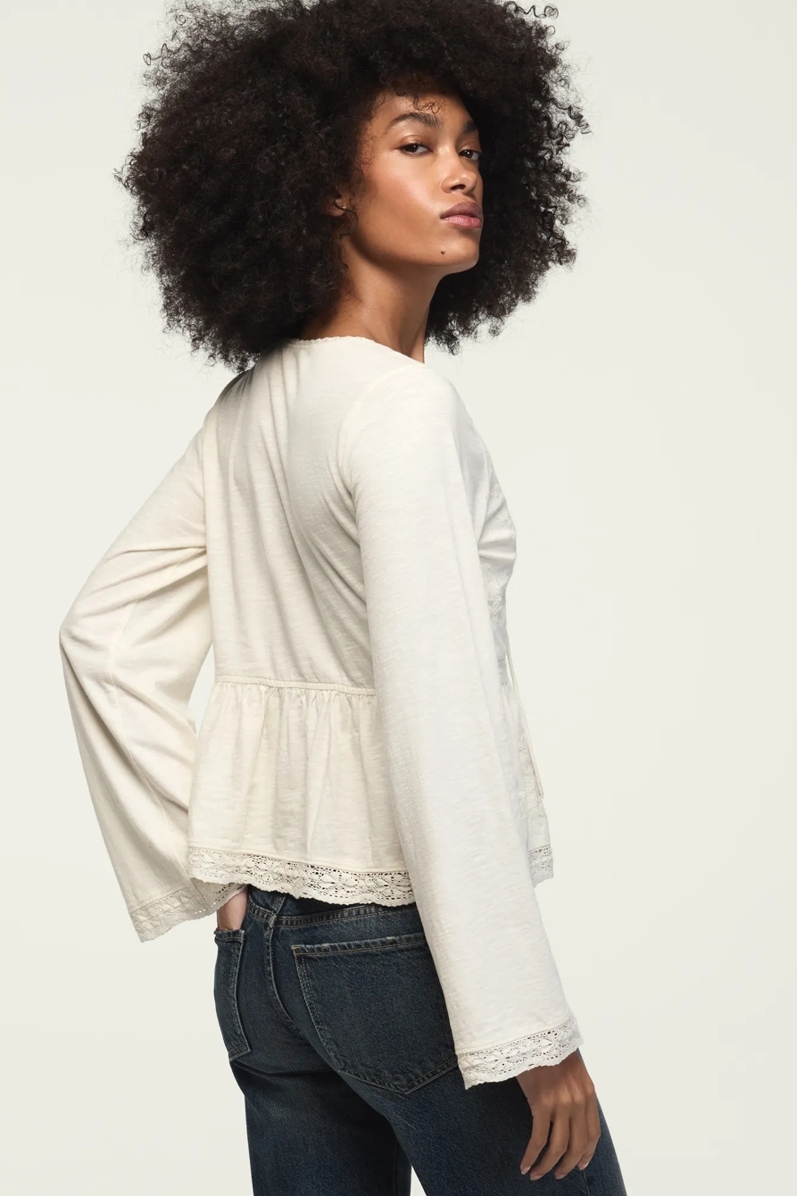 TRIM MIX BABYDOLL TOP — GARDENIA — image 3