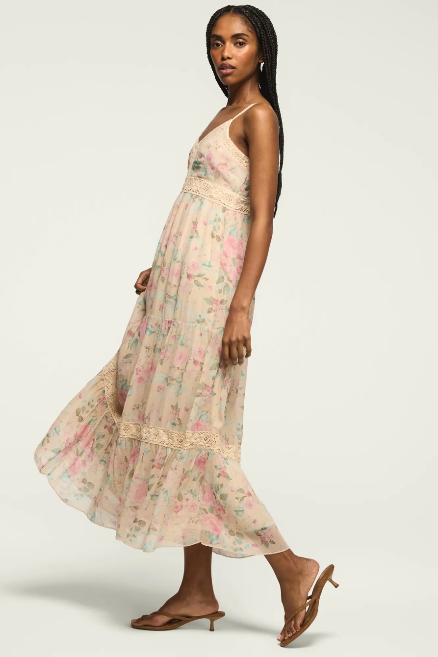 PRINTED LACE TIERED MIDI DRESS — Cream Floral — image 4