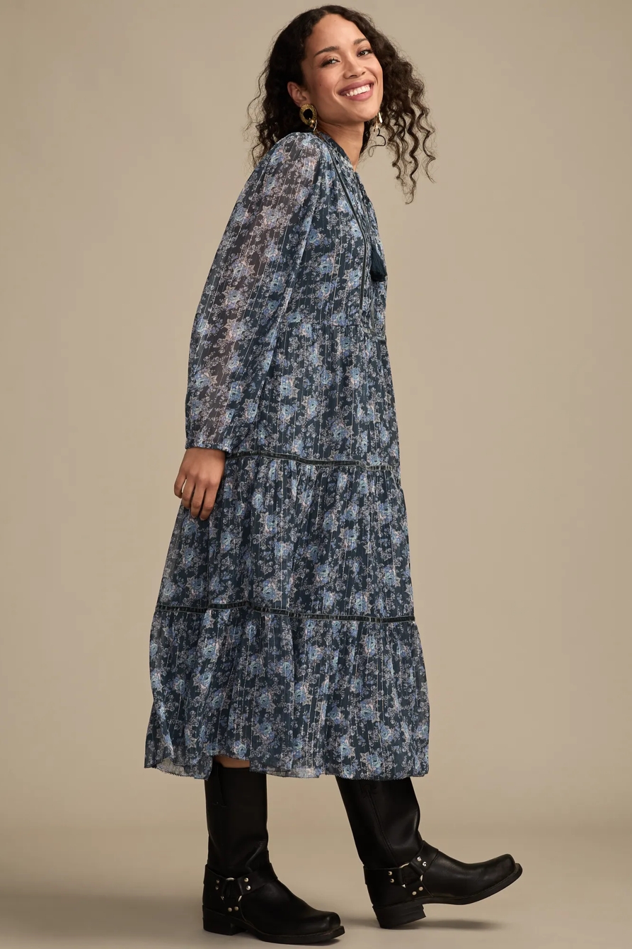 FLORAL LONG SLEEVE MIDI DRESS — BLUE FLORAL — image 4
