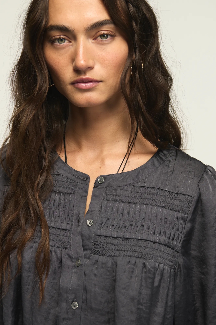 LONG SLEEVE SATIN PINTUCK BLOUSE — NAVY — image 2