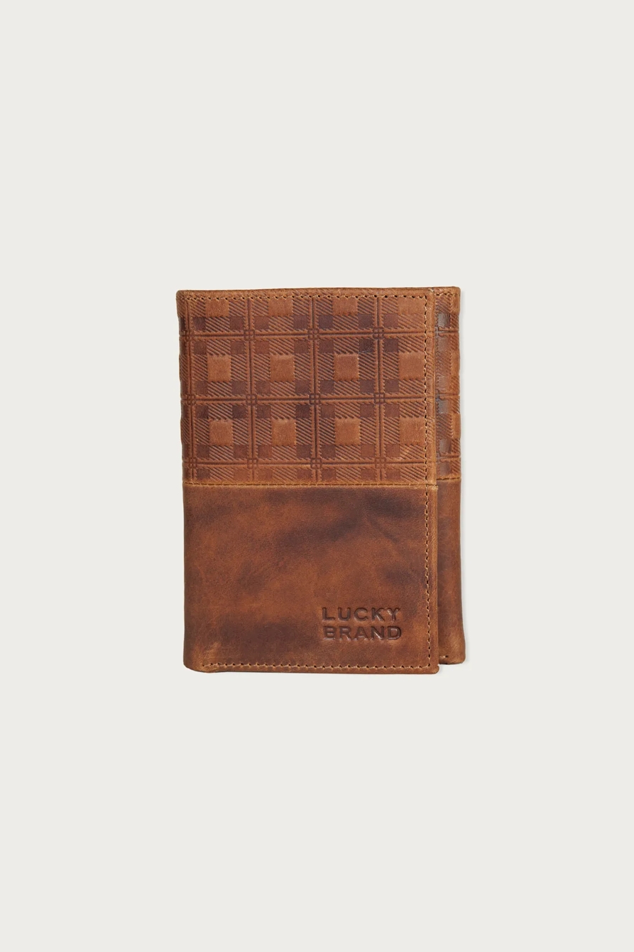 PLAID EMBOSSED LEATHER TRIFOLD WALLET — DARK BROWN — image 1