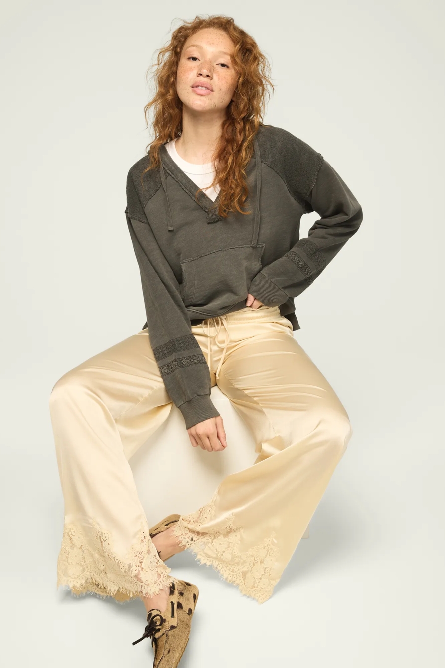 LACE TRIM MIX FLEECE HOODIE — RAVEN — image 6