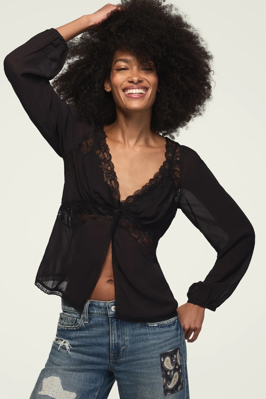 LONG SLEEVE LACE CUTAWAY TOP — CAVIAR — image 1