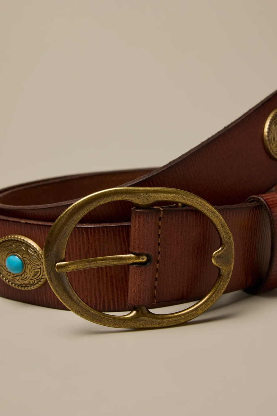 WESTERN TURQUOISE ORNAMENTED LEATHER BELT — TAN — image 3