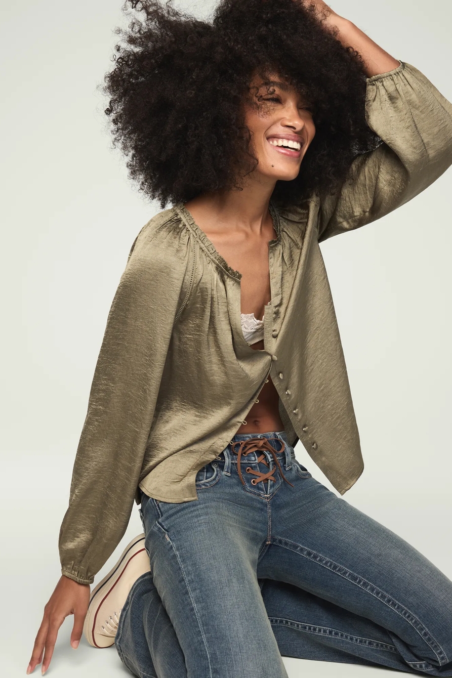 LONG SLEEVE RAGLAN PEASANT TOP — DUSTY OLIVE — image 1