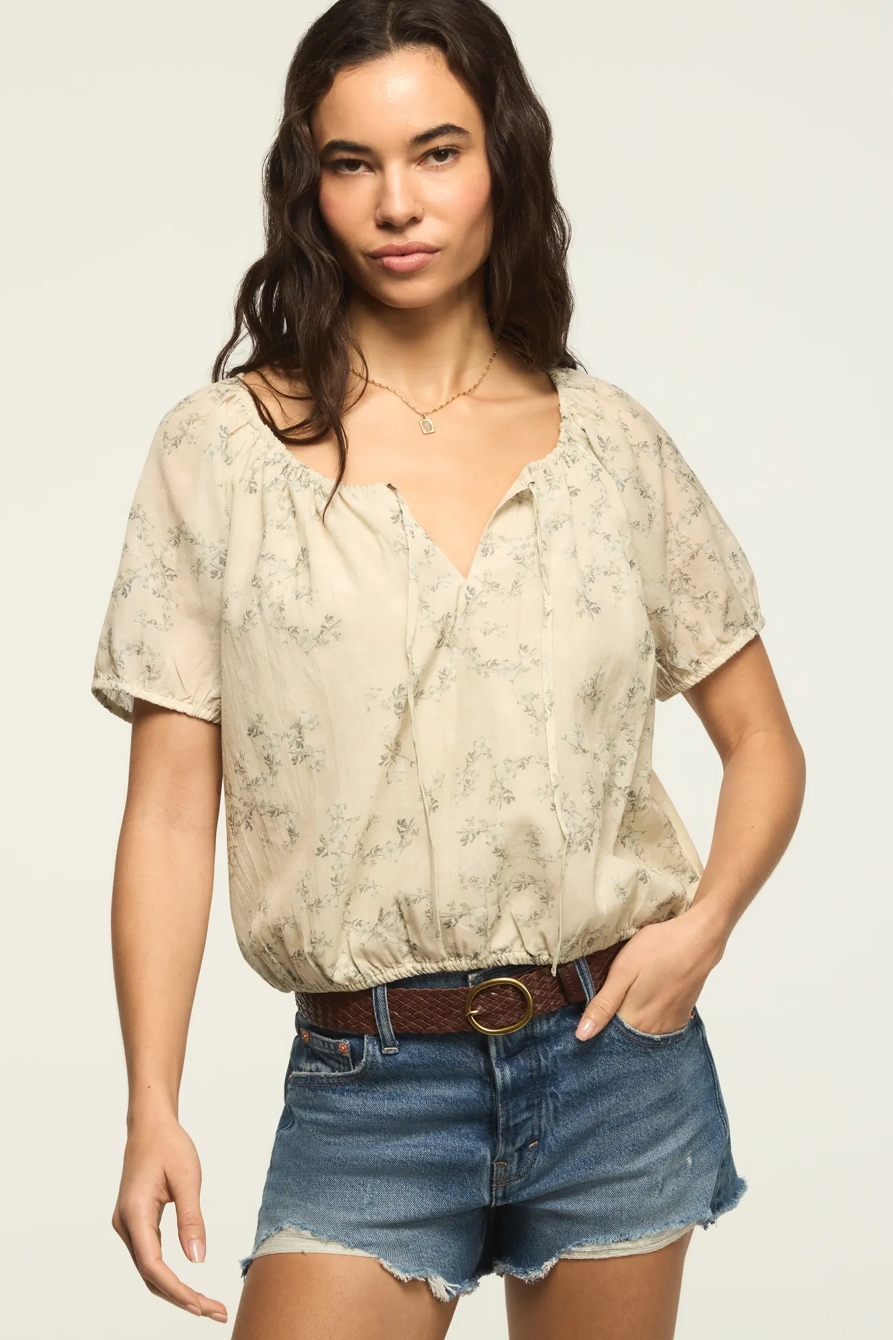 SHORT SLEEVE BUBBLE TOP — Green Floral — image 1
