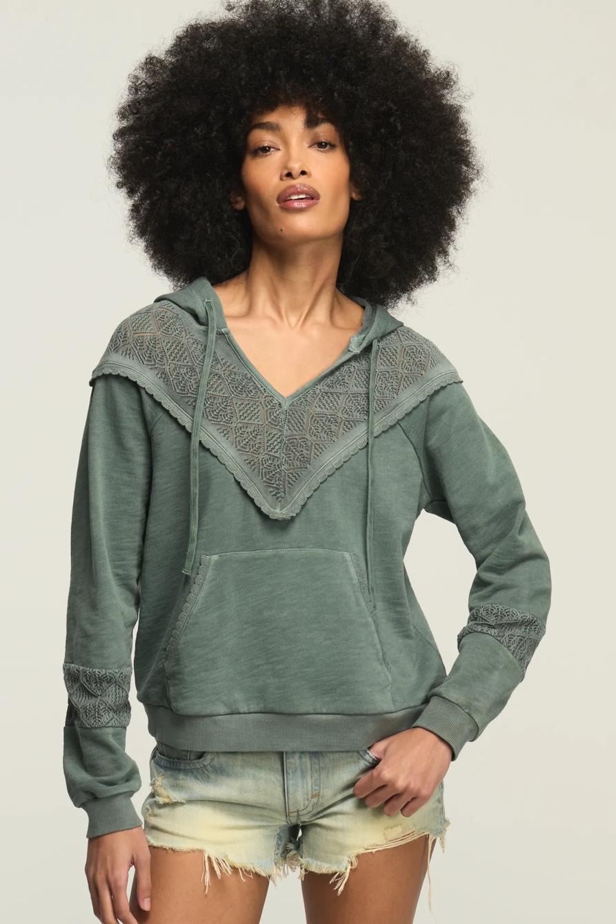 CROCHET YOKE FLEECE HOODIE — BALSAM GREEN — image 1