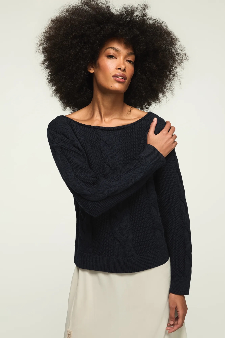 CABLE CREW NECK SWEATER — CADET NAVY — image 2