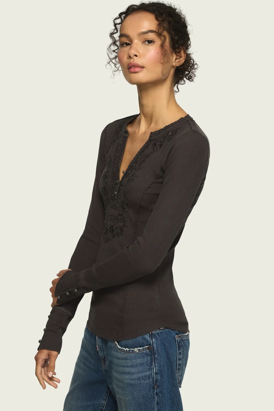 Embroidered V Neck Henley — Raven — image 4