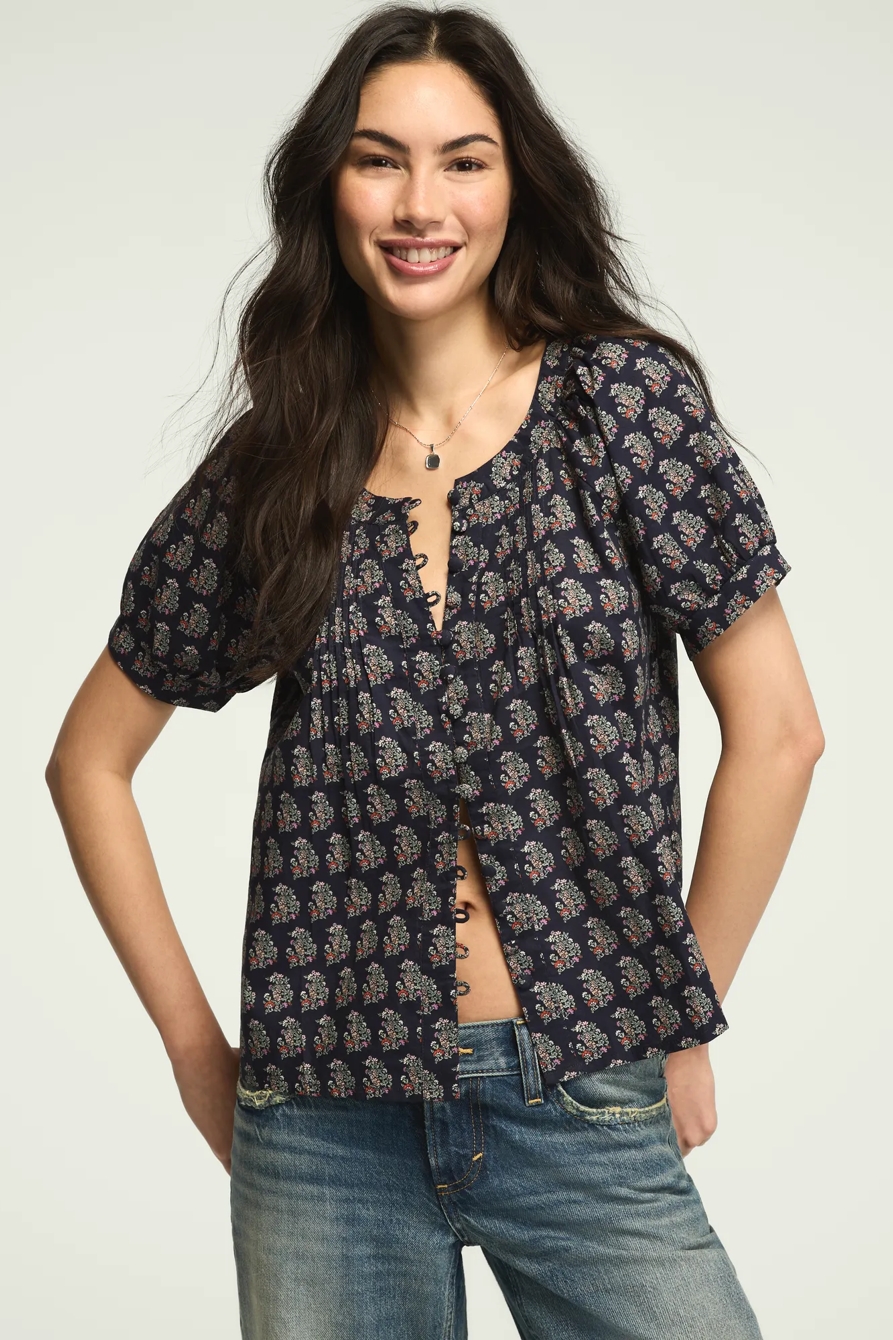 SHORT SLEEVE PINTUCK PEASANT TOP — NAVY FLORAL — image 1