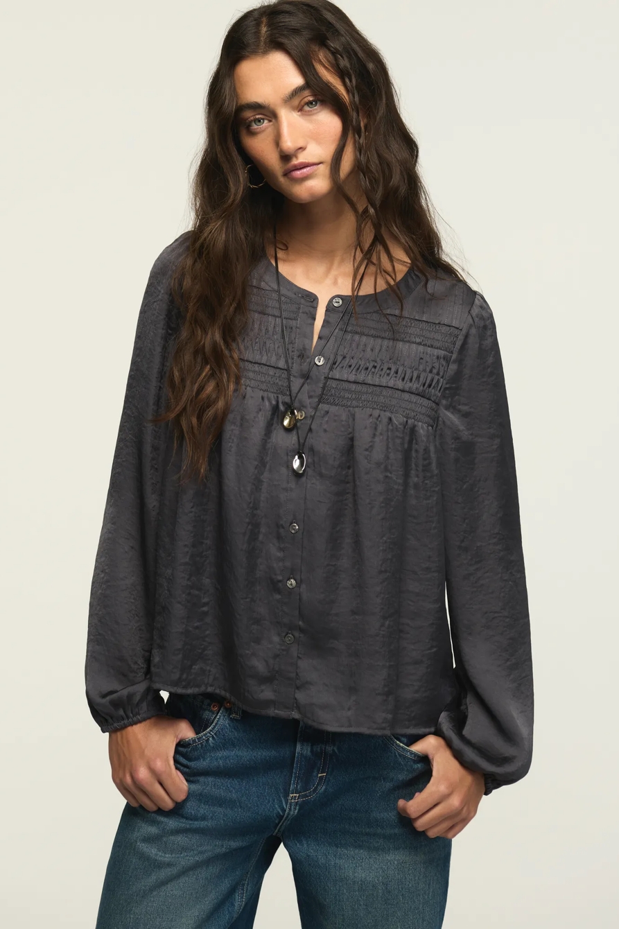 LONG SLEEVE SATIN PINTUCK BLOUSE — NAVY — image 1