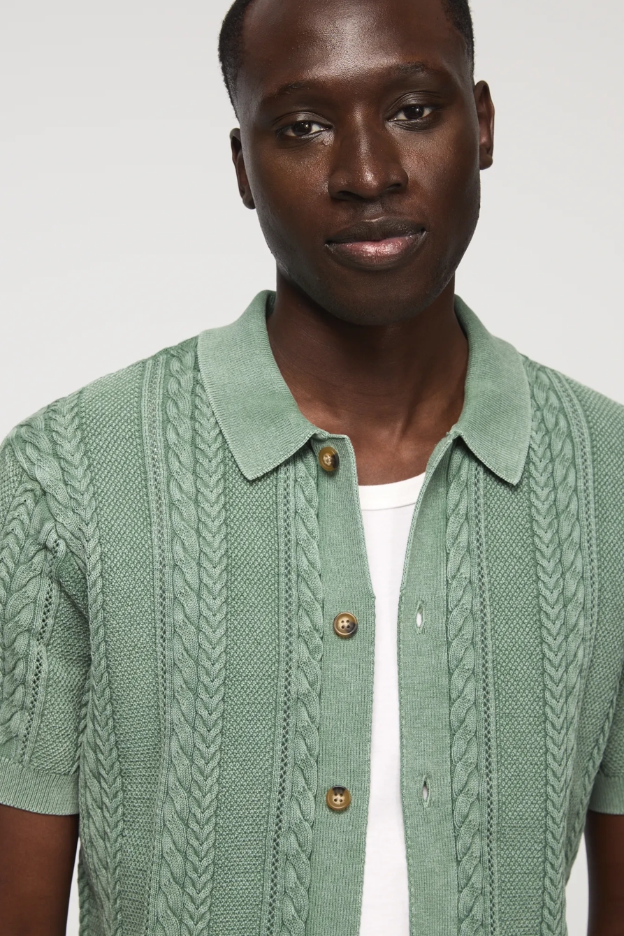 FISHERMAN CABLE BUTTON DOWN SWEATER — FROSTY SPRUCE — image 2