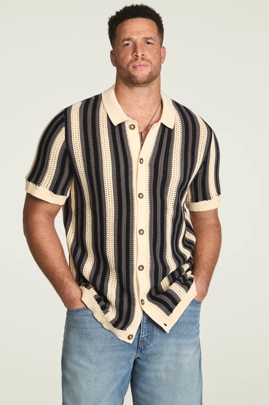 BIG AND TALL STRIPE BUTTON THROUGH SWEATER — WHITECAP GRAY — image 1