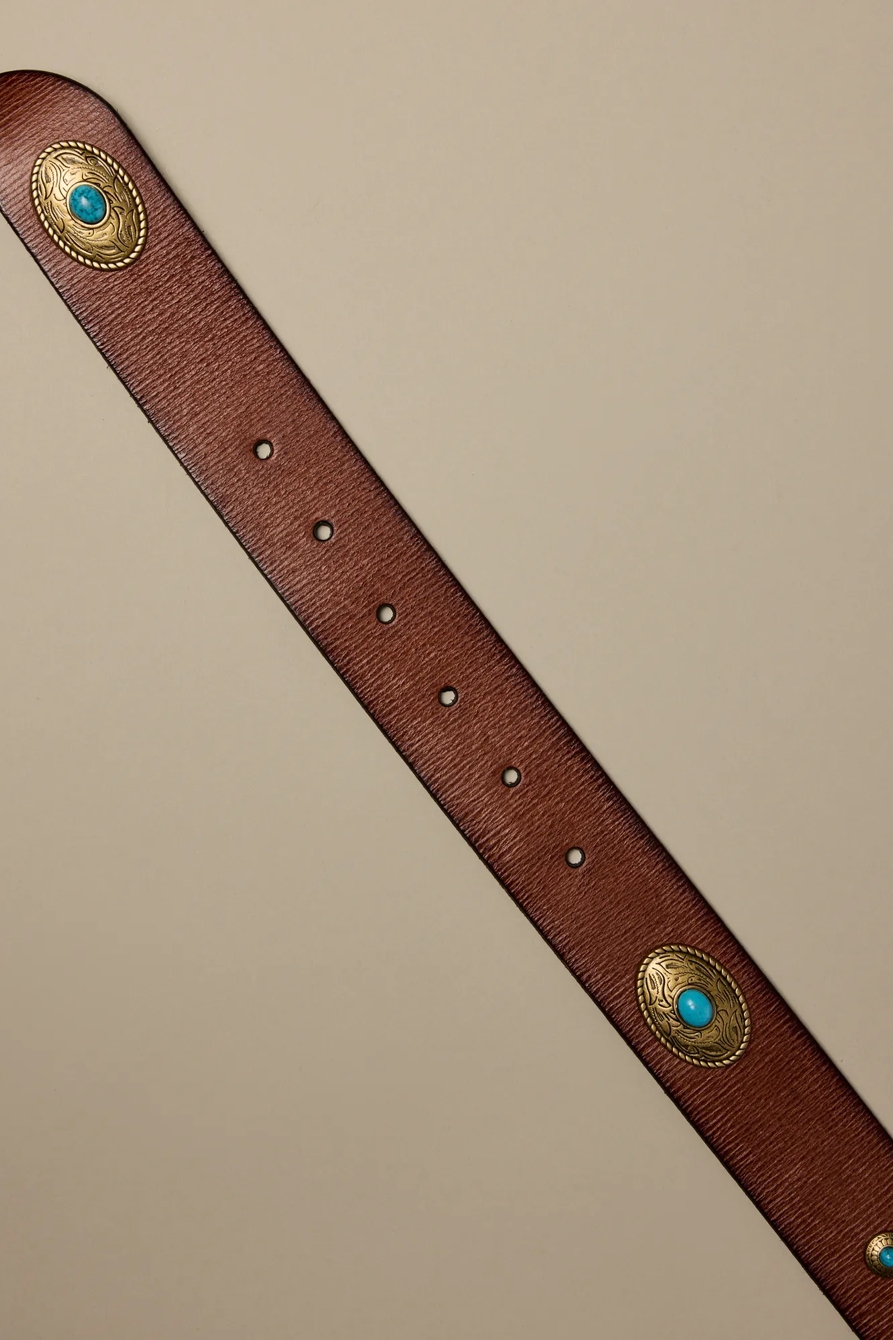 WESTERN TURQUOISE ORNAMENTED LEATHER BELT — TAN — image 2