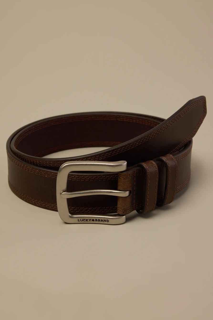 Triple Needle Stitch Leather Belt — BROWN — image 1