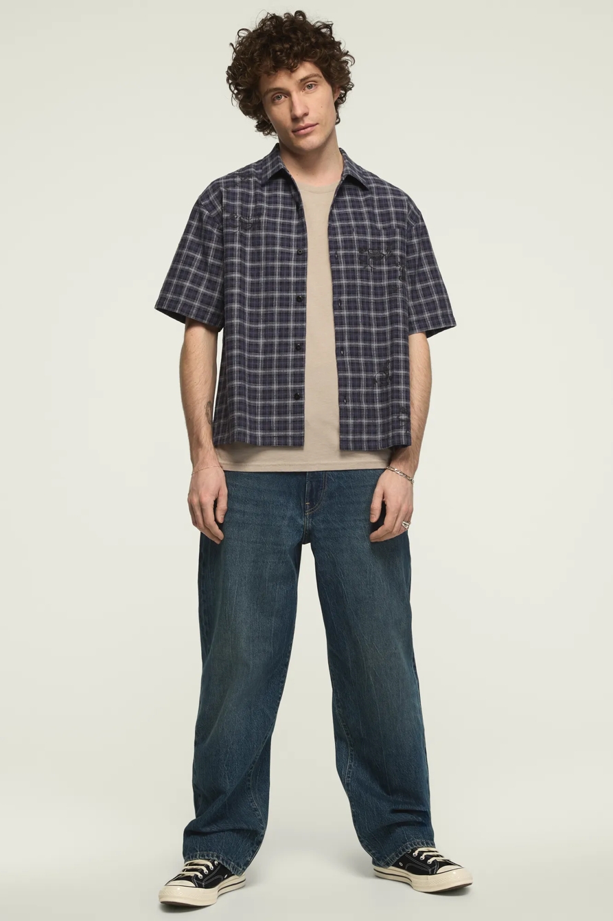 EMBROIDERED PLAID SHORT SLEEVE BOXY SHIRT — NAVY MULTI PLAID — image 6
