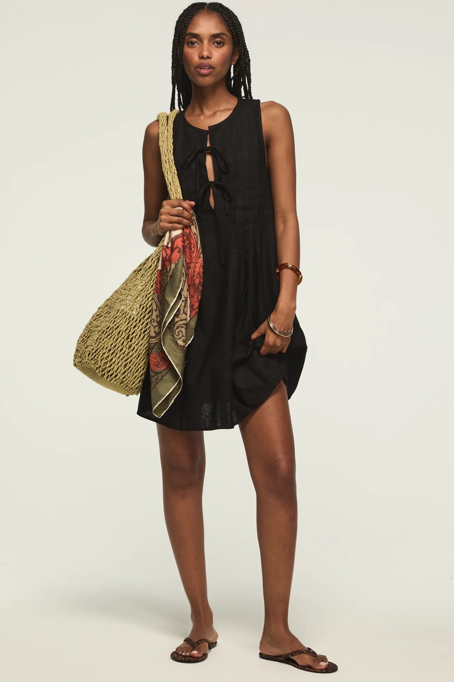 PLEATED TIE NECK MINI DRESS — CAVIAR — image 5