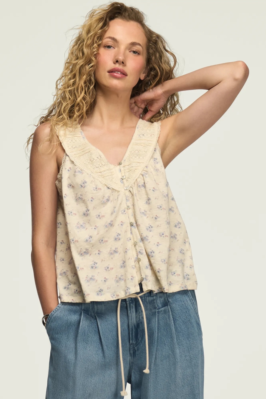 LACE YOKE V NECK TOP — Cream Floral — image 1