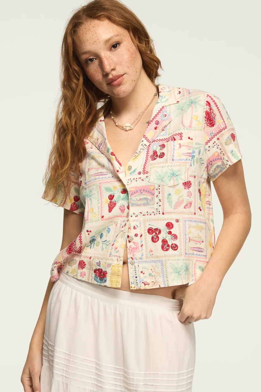 PRINTED LINEN CAMP SHIRT — MULTI POSTCARD — image 1