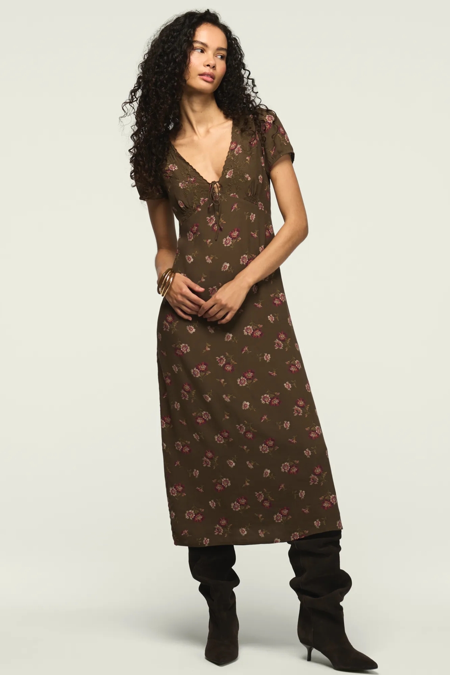 EMBROIDERED SHORT SLEEVE SIMONE MIDI DRESS — OLIVE FLORAL — image 5