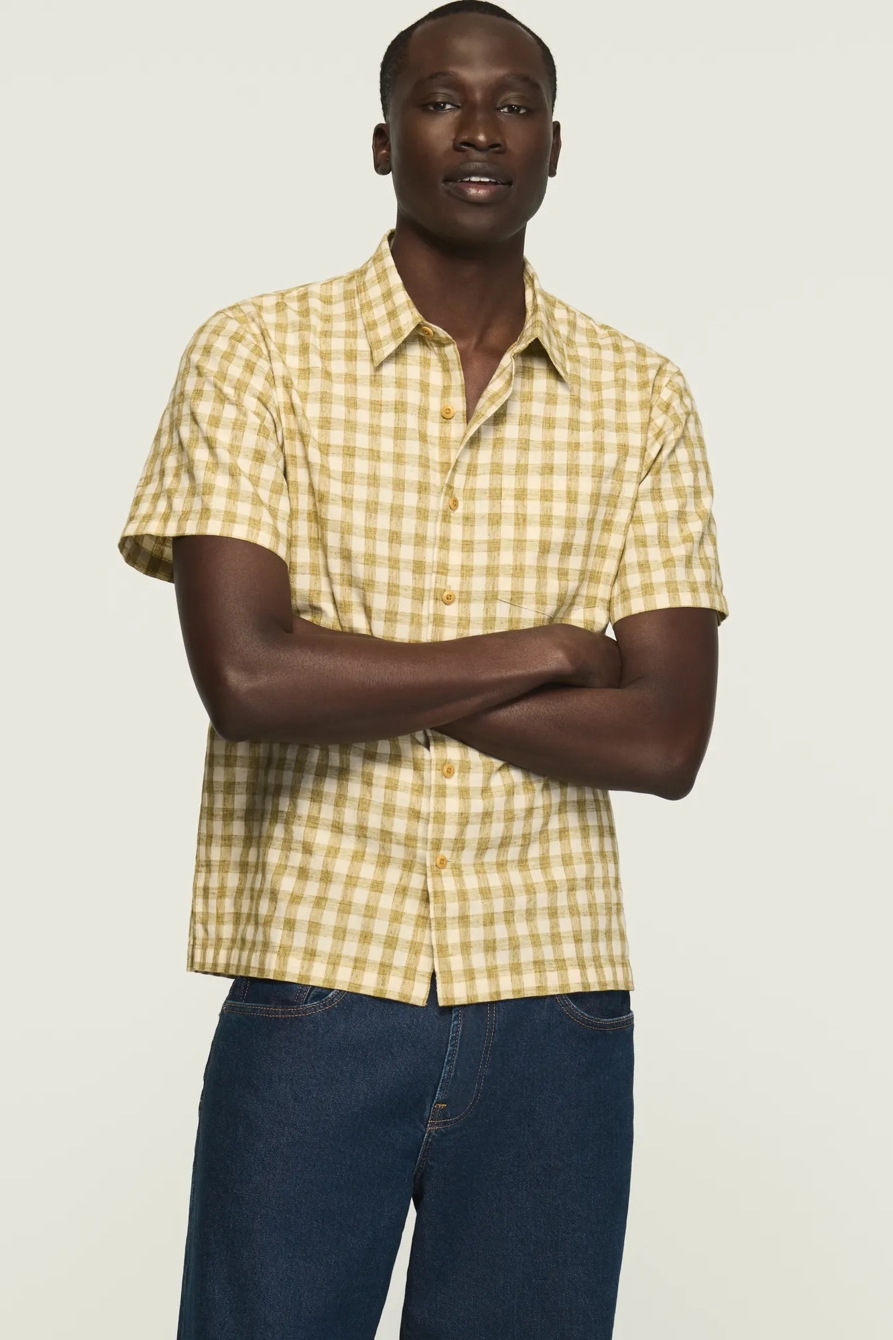 SHORT SLEEVE GINGHAM PLAID SHIRT — SLATE GREEN — image 1