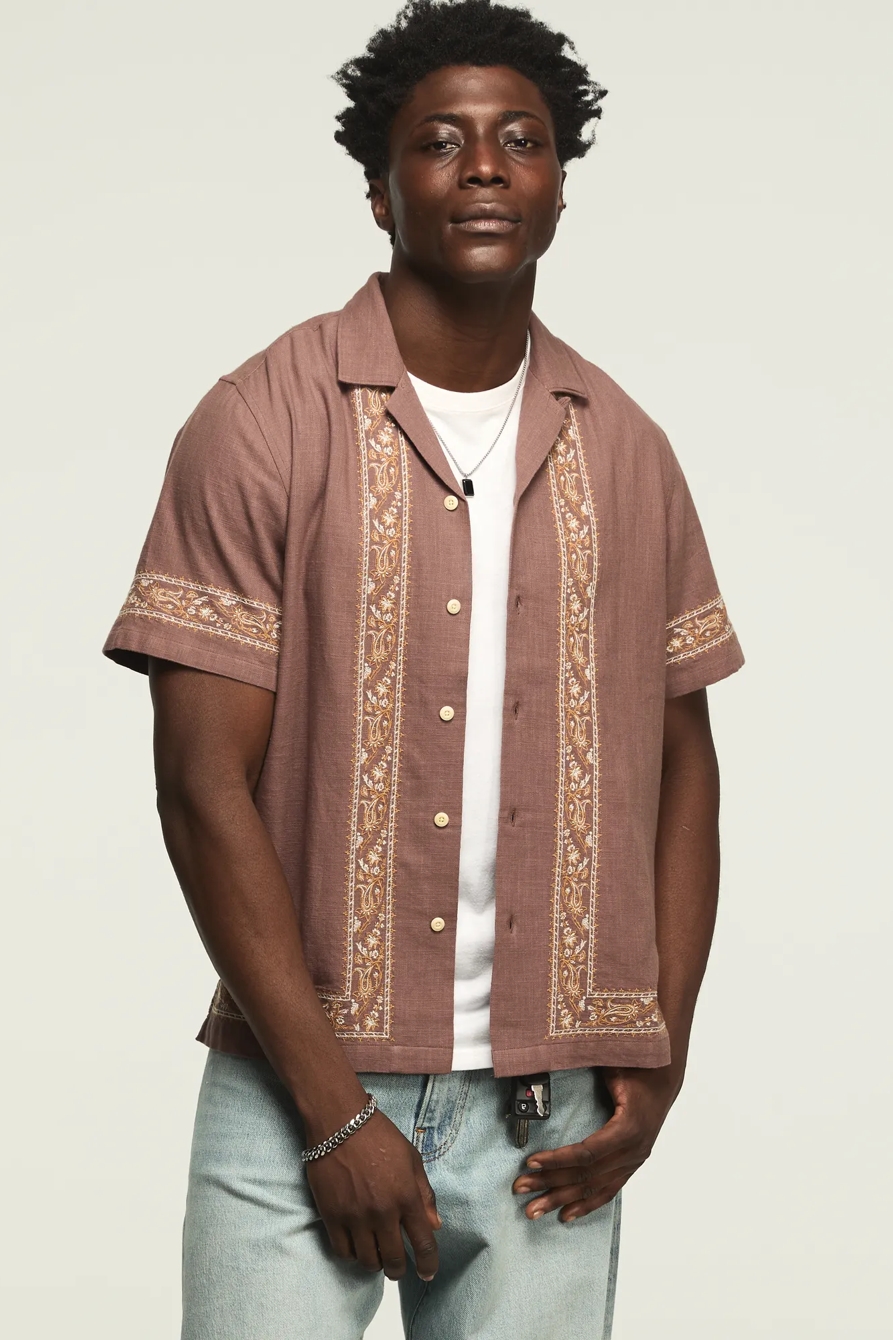 EMBROIDERED CAMP COLLAR SHIRT — BROWN MULTI — image 2