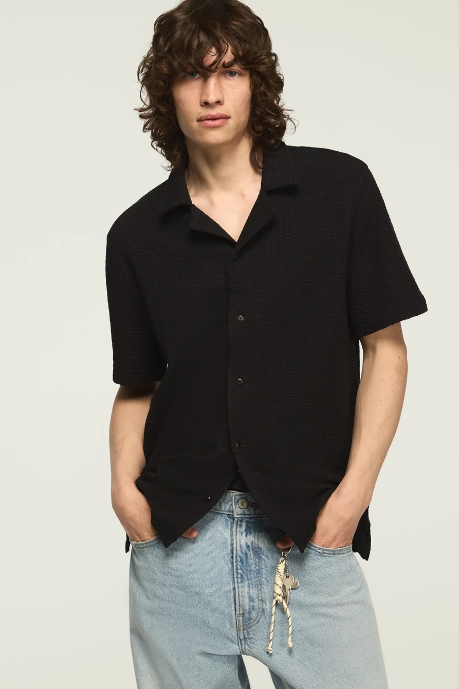 SEERSUCKER SHORT SLEEVE KNIT SHIRT — JET BLACK — image 1