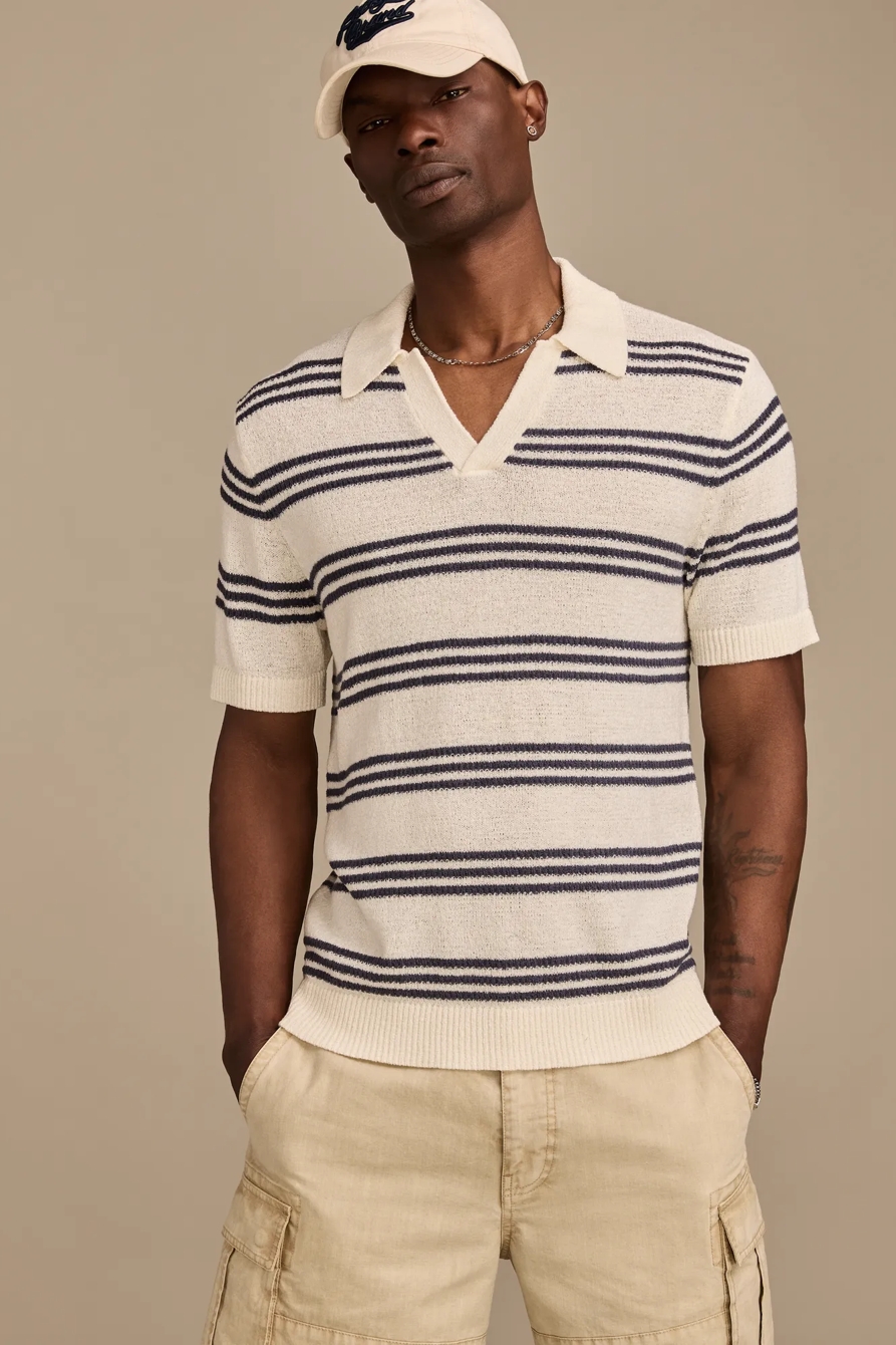 STRIPE JOHNNY COLLAR POLO SWEATER — TOFU — image 1