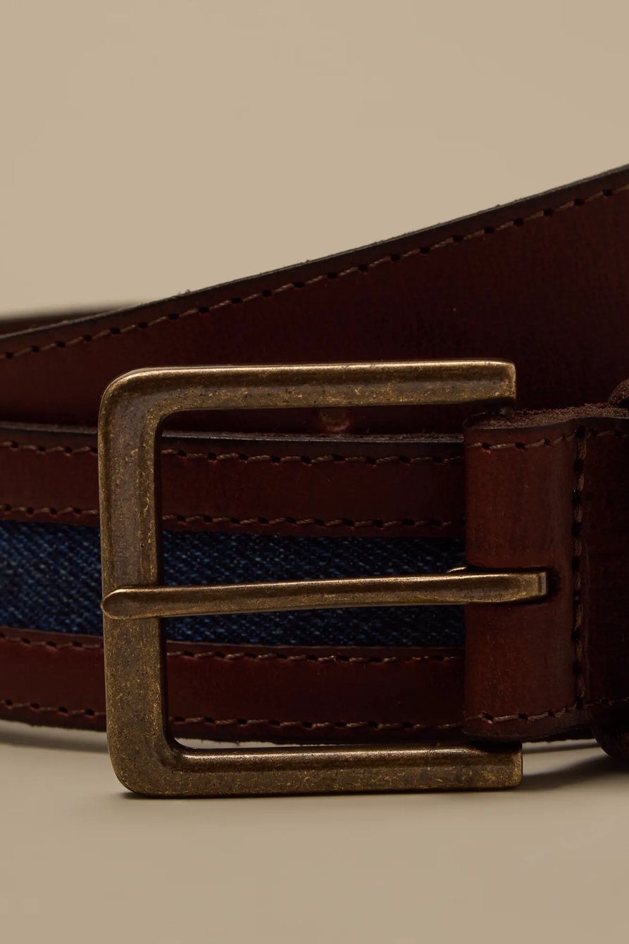 DENIM INLAY LEATHER BELT — DARK BROWN — image 3