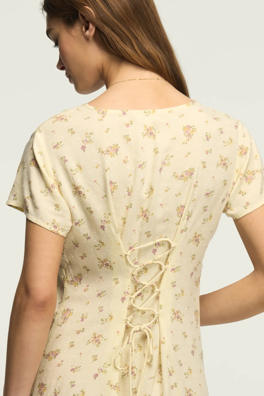 PRINTED SHORT SLEEVE SIMONE MINI DRESS — Yellow Floral — image 2