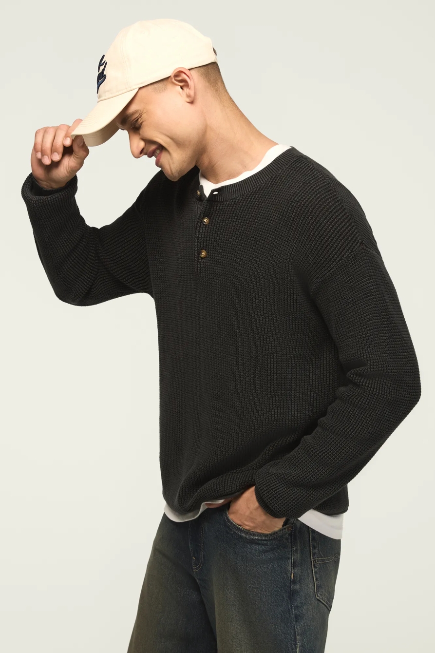 WASHED OTTOMAN HENLEY SWEATER — CAVIAR — image 4