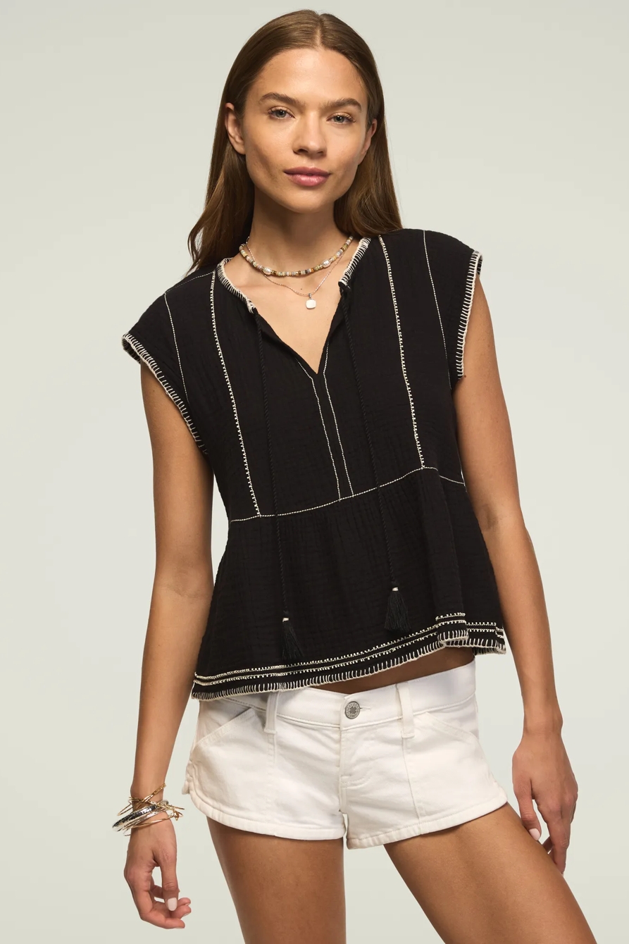CONTRAST EMBROIDERED RUFFLE TOP — #001 BLACK — image 1