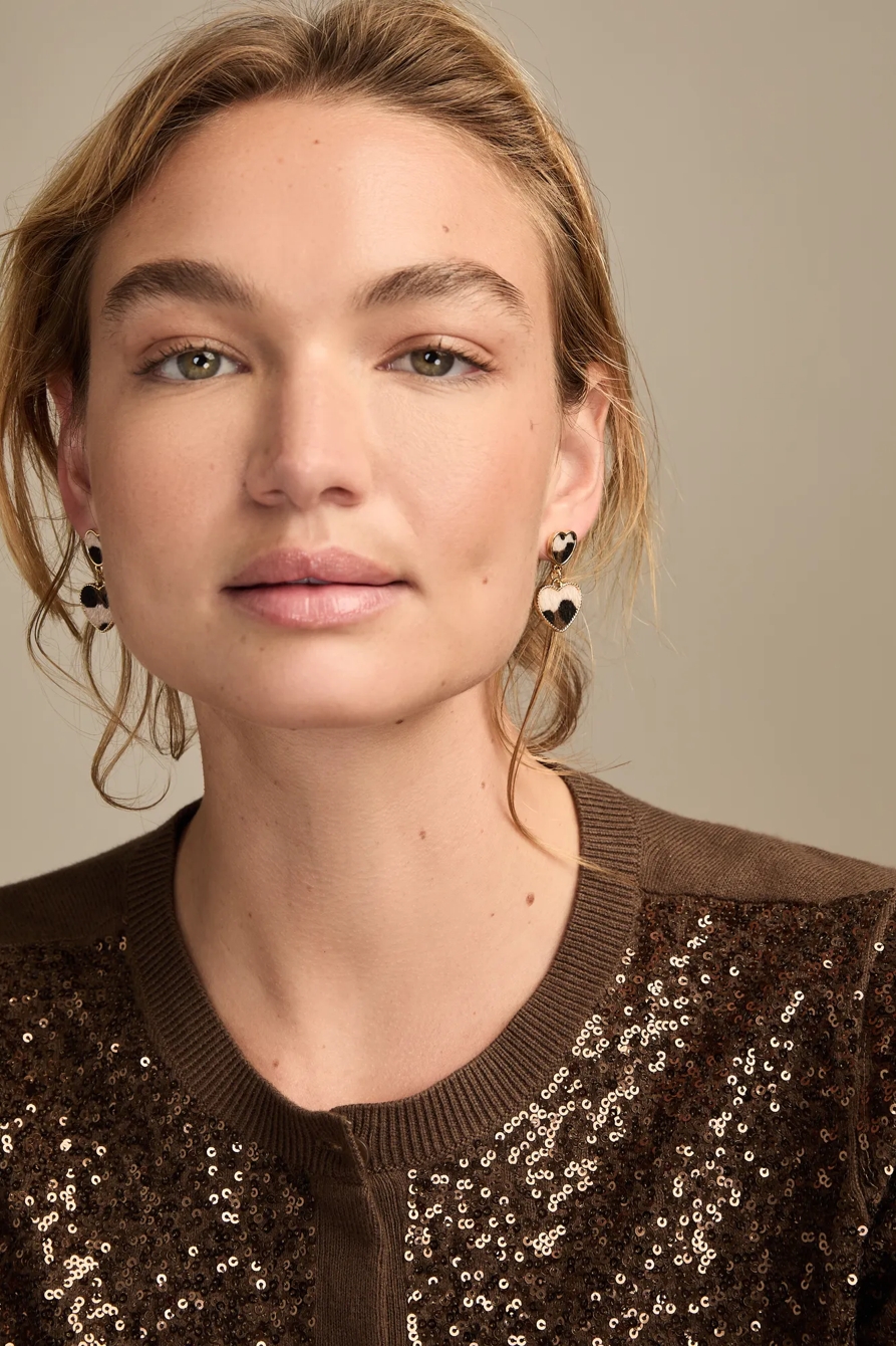 LEOPARD INLAY HEART DROP EARRINGS — GOLD — image 1