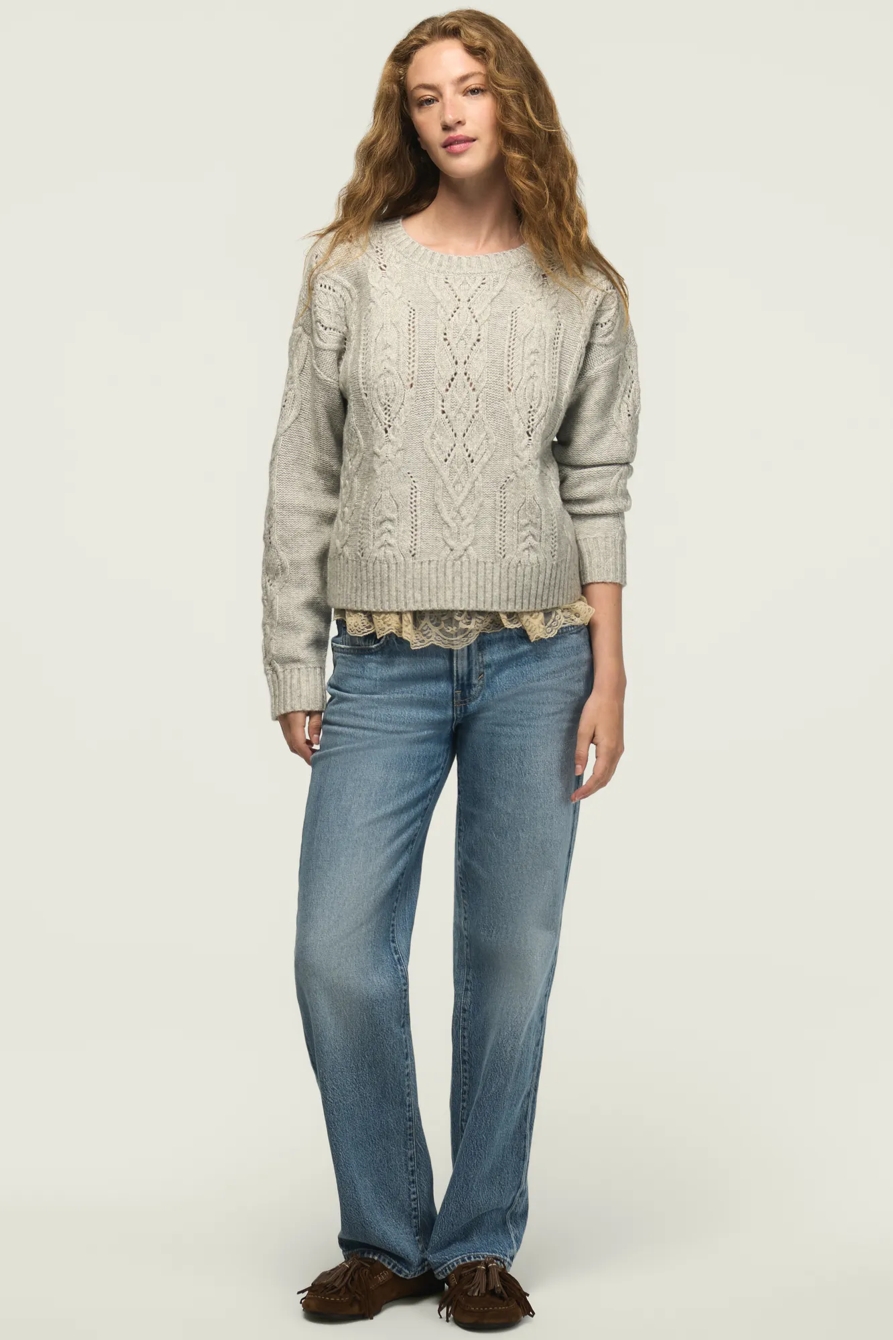 OPEN STITCH CABLE SWEATER — LIGHT HEATHER GRAY — image 5